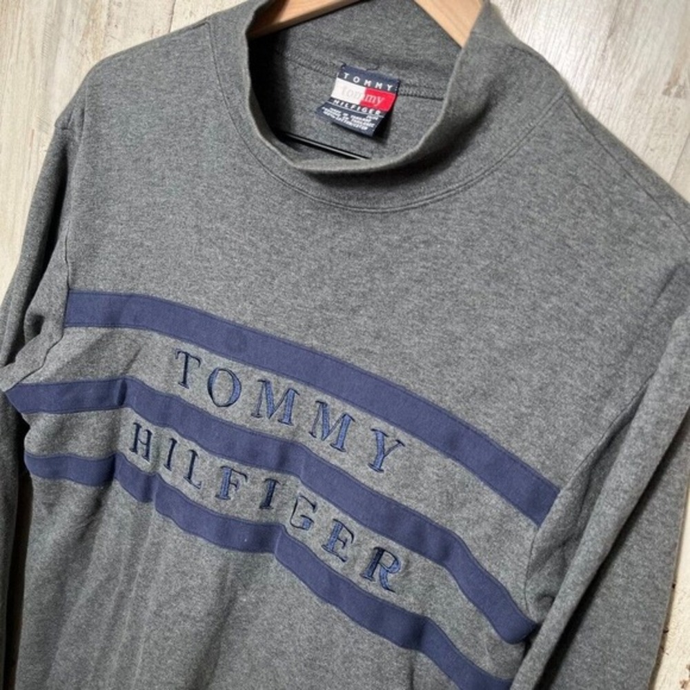 Vintage Tommy Hilfiger Gray Mock Neck Long Sleeve Shirt Spell Out Womens Medium - Picture 2 of 4